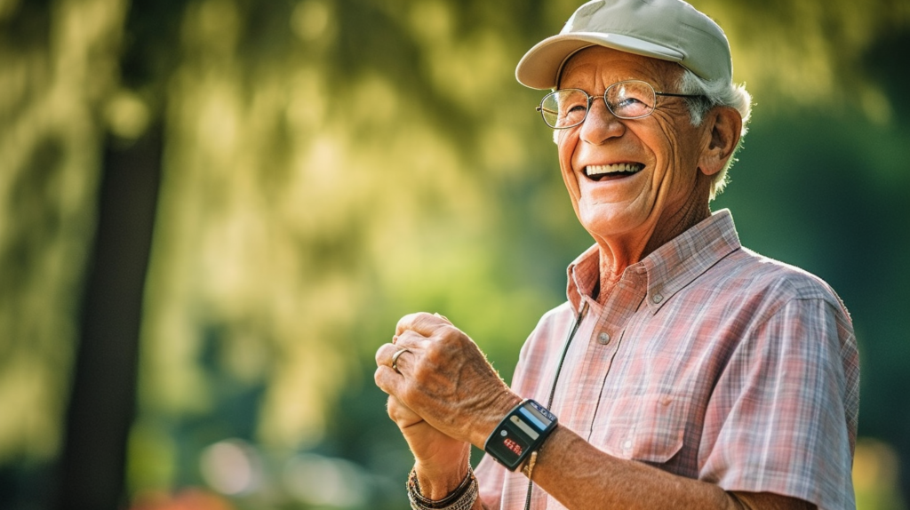 Abuelo contento con su reloj localizador GPS porqué sabe que lo encontrarán