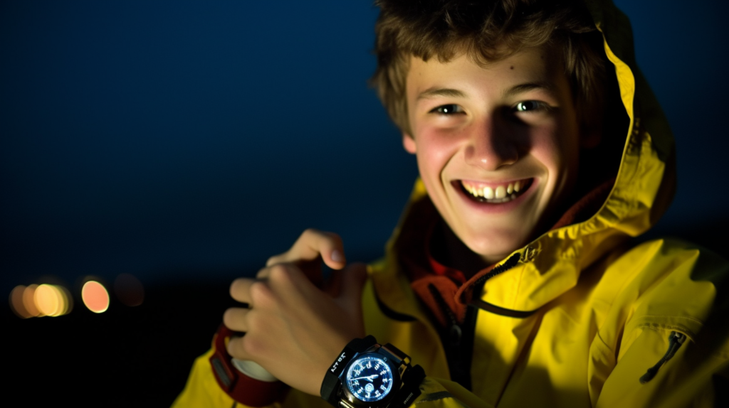 Adolescente emocionado usando sutilmente su reloj localizador GPS en un entorno natural