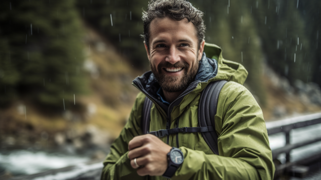 Hombre debajo de la lluvia usando con su reloj localizador GPS