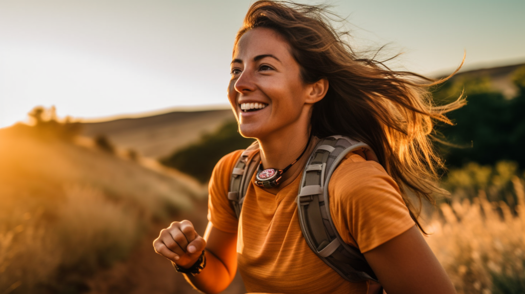 Mujer en el atardecer haciendo running con sus relojes localizadores GPS