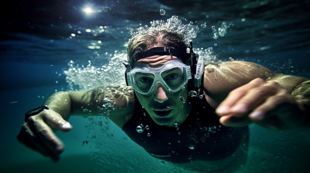 Nadador emocionado usando un reloj localizador GPS en una piscina, expresando satisfacción y progreso