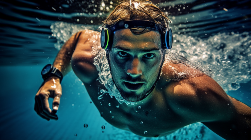 Nadador en una piscina mostrando satisfacción mientras usa de manera sutil un reloj localizador GPS para natación