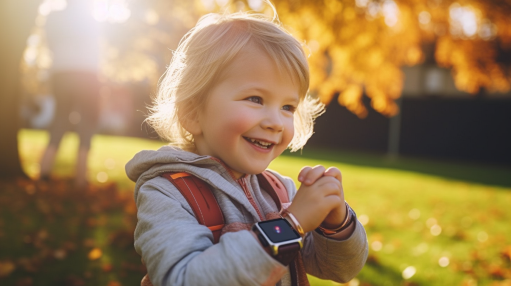 Niña emocionada usando un reloj localizador GPS en un parque, expresando seguridad y tranquilidad