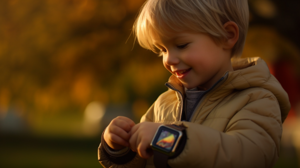 Niño emocionado en entorno de parque con su reloj GPS, sabiendo que sus padres pueden encontrarlo si se pierde