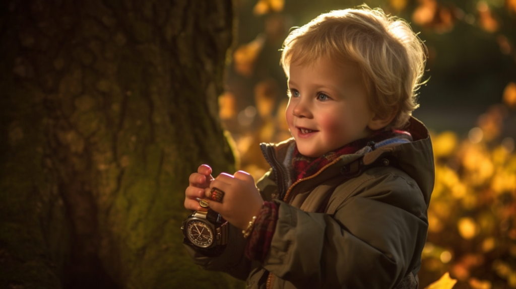 Niño emocionado usando sutilmente su reloj localizador GPS en un entorno natural