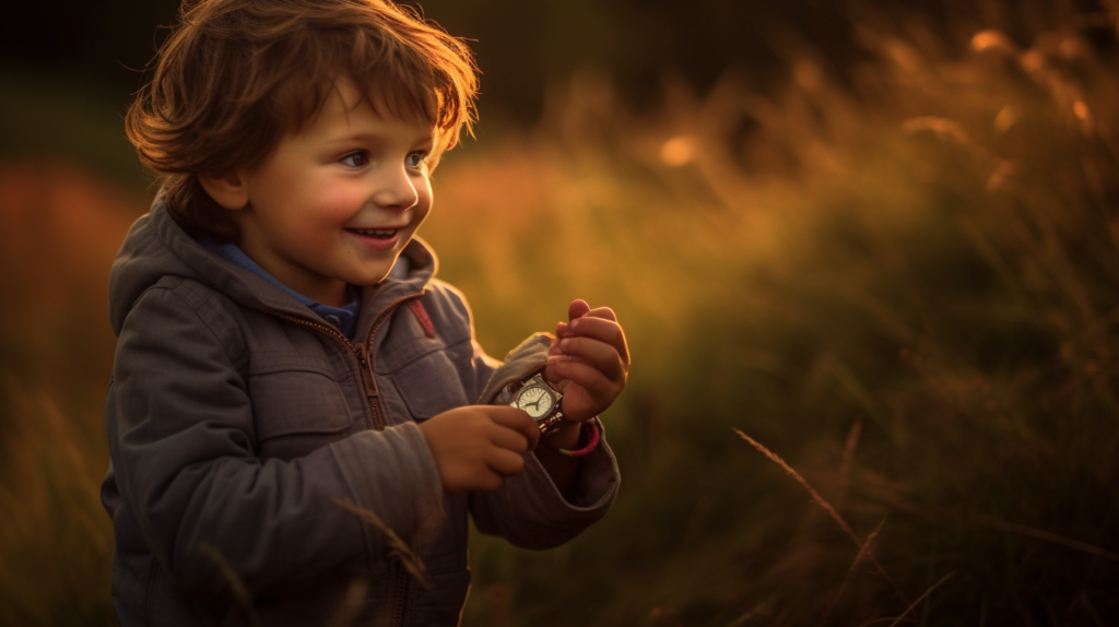 Niño revisando su reloj GPS al aire libre, expresando alegría y alivio