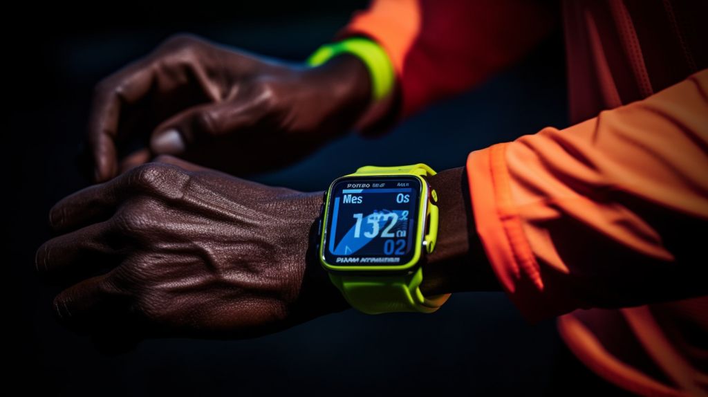 Persona emocionada corriendo en una carrera y usando sutilmente su reloj localizador GPS en un entorno natural