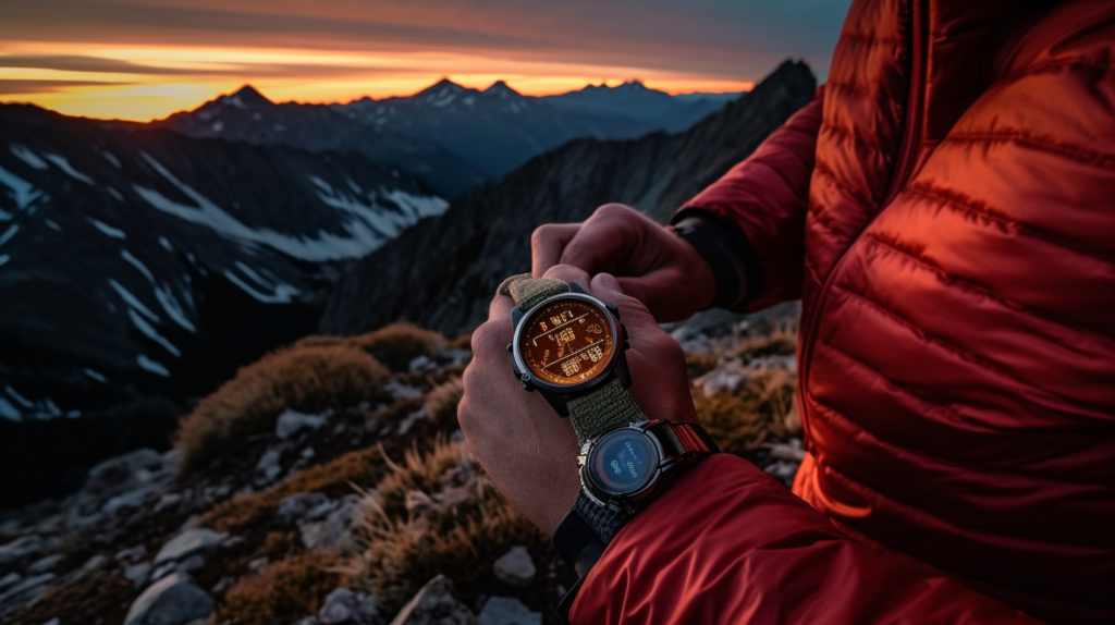 Persona emocionada haciendo senderismo y usando sutilmente su reloj localizador GPS en un entorno natural