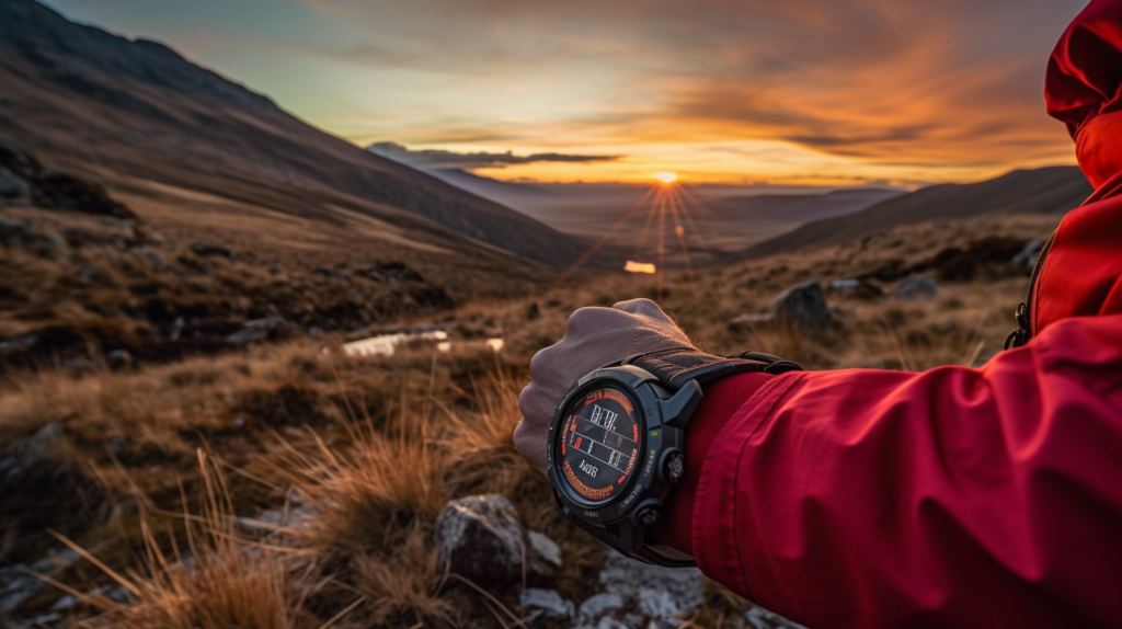 Senderista con su reloj GPS al aire libre, expresando alegría y alivio