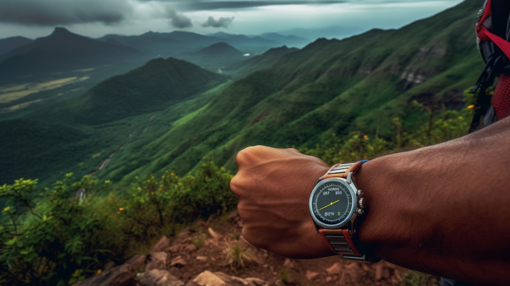 Senderista emocionado usando un reloj localizador GPS en un sendero de montaña