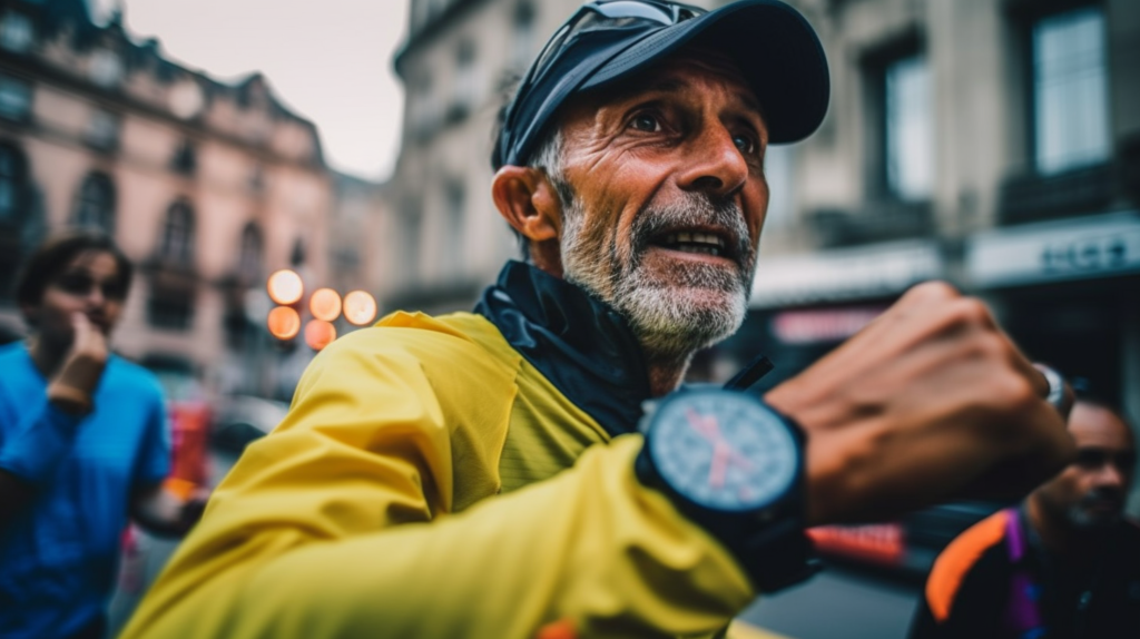 Persona corriendo con determinación mientras usa un reloj GPS en una atmósfera urbana dinámica